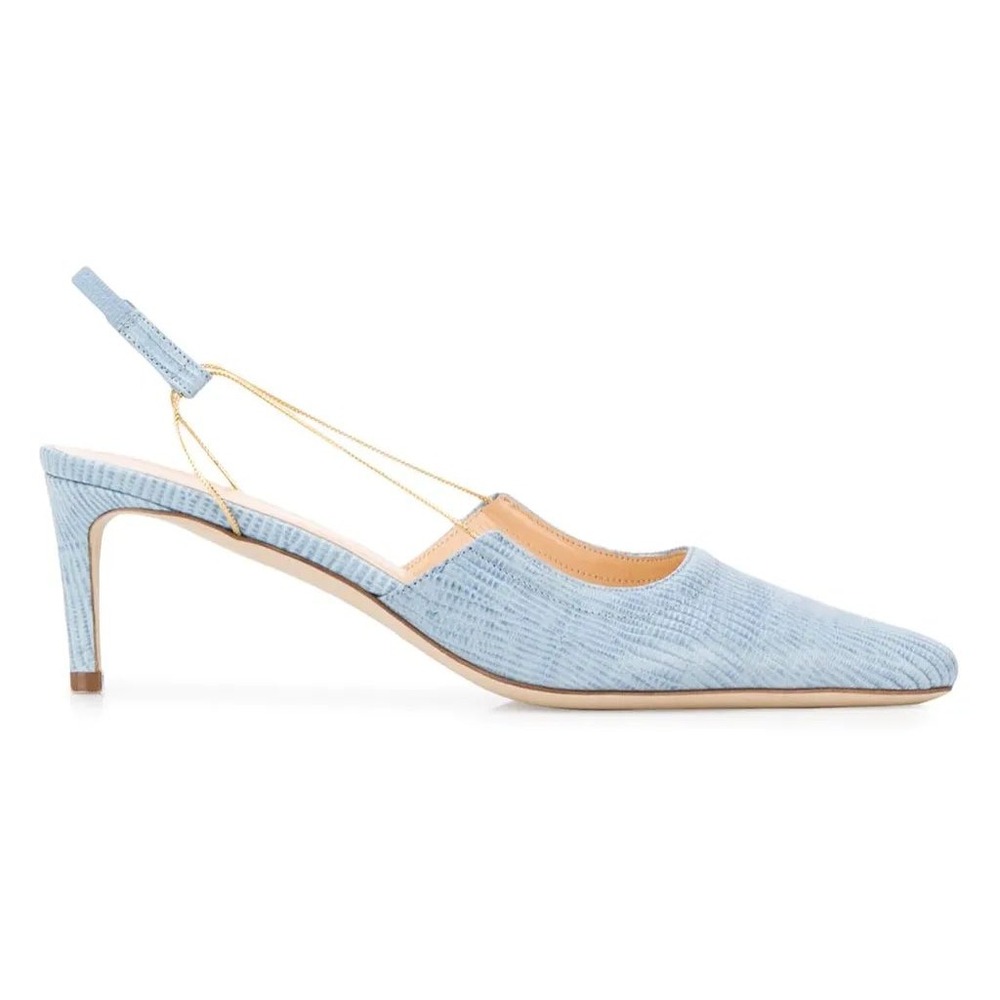 BY FAR Light Blue Lizard Embossed Leather Slingback Heels